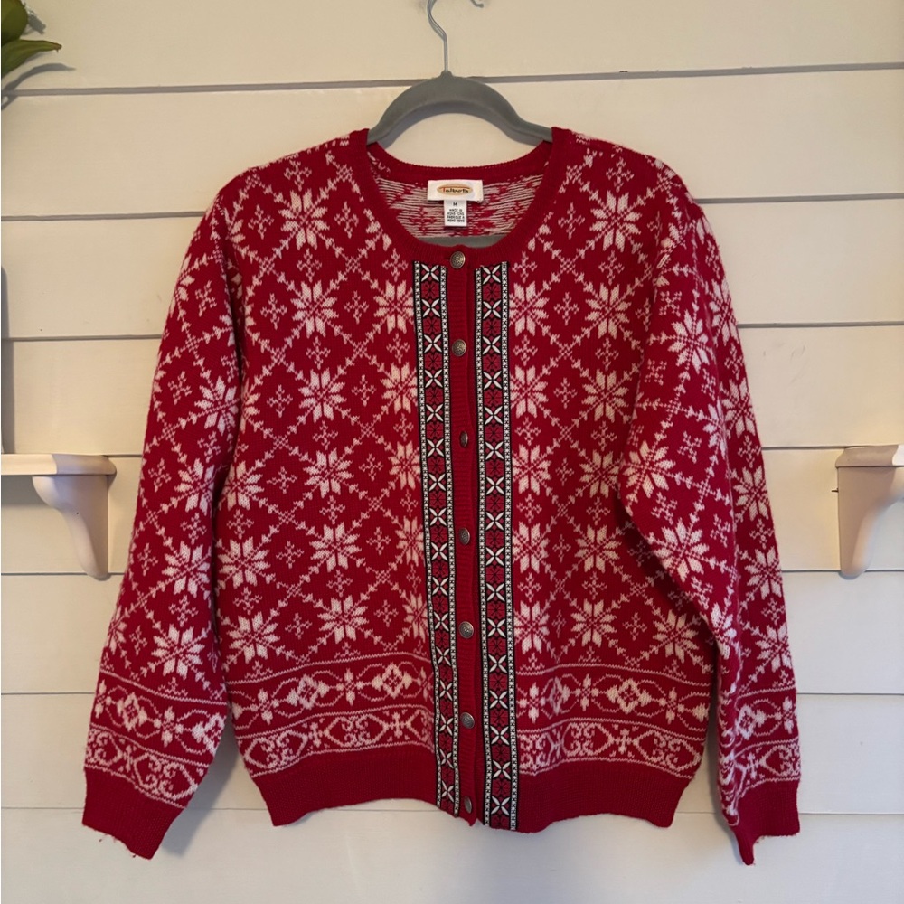 Talbots Vintage Fair Isle Nordic Snowflake Wool Button Cardigan Sweater Size M